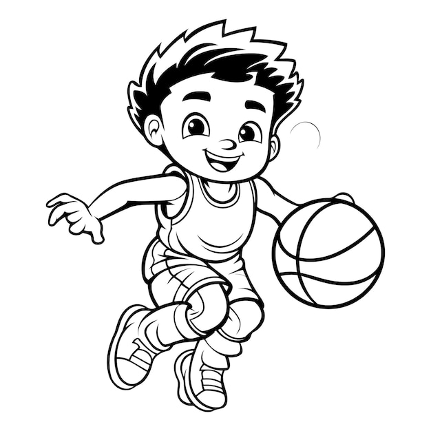 Vector cartoon jongen die basketbal speelt zwart-wit vector illustratie voor kleurboek