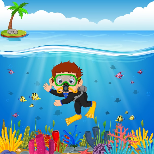 Cartoon jongen duiken in de zee
