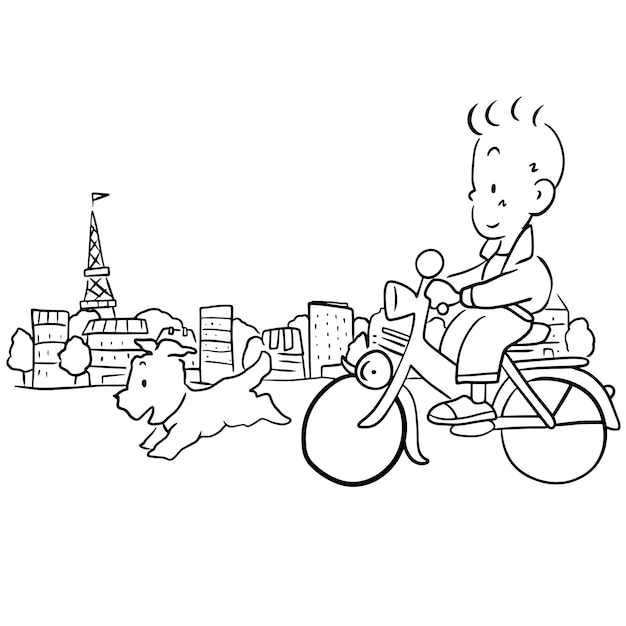 Cartoon jongen fietsen hond uitgevoerd doodle kawaii anime schattig illustratie clipart karakter chibi