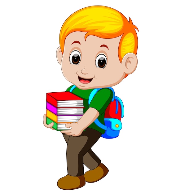 cartoon jongen houdt een stapel boeken met rugzak