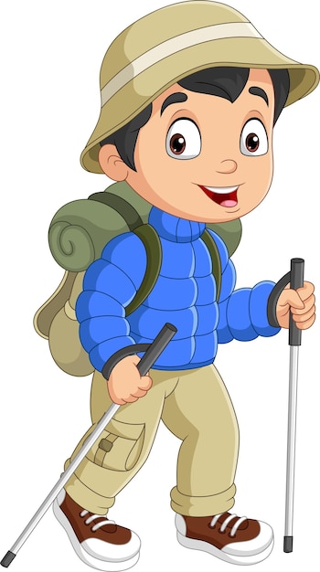 Cartoon jongen in safari-outfit met wandelstok