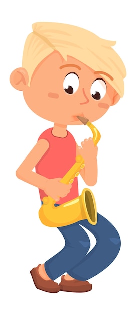 Cartoon jongen saxofoon spelen. illustratie muziekoefening