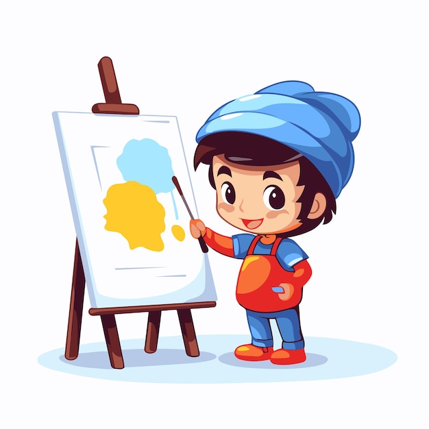 Cartoon jongen schilderen een foto op easel Vector illustratie