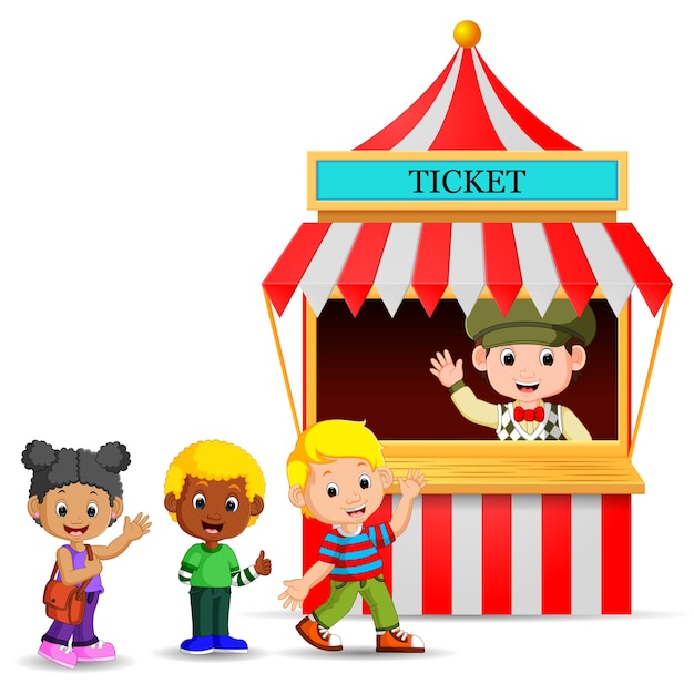 cartoon jongen verkoop ticket aan het hokje