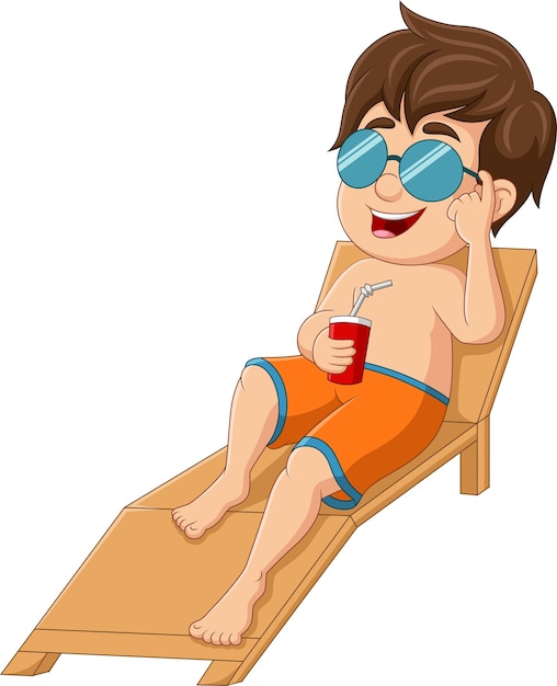 Cartoon jongetje ontspannen met frisdrank op strandstoel