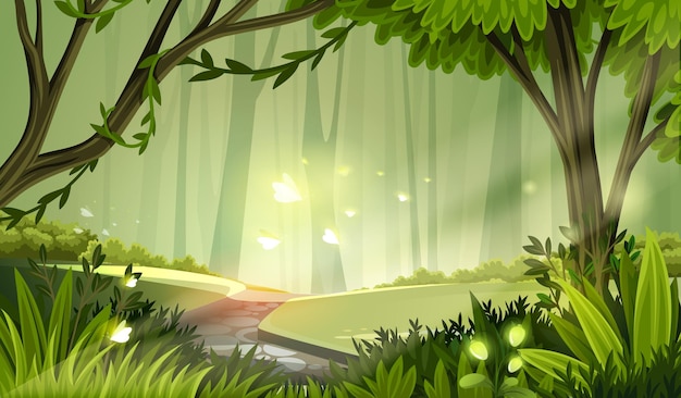 cartoon jungle background fantastic and mystical forest and edge summer woods and green grass