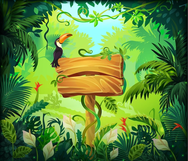 Cartoon jungle background. Tropical forest nature frame, game screen with wooden panel and green exotic leaves. Vector illustrations wood brown signboard on wild magical background