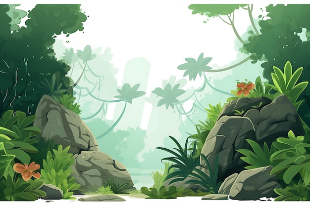 만화 정글 녹색 나무 바위