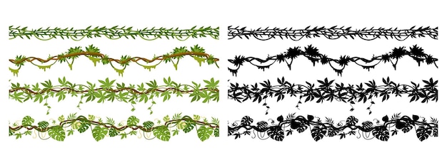 Cartoon jungle liaan takken opknoping klimplanten naadloze scheidingslijnen platte vector illustratie set
