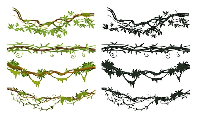 Мультяшные разделители джунглей лианы, висящие ветви лианы, тропические лианы, плоский векторный набор иллюстраций
