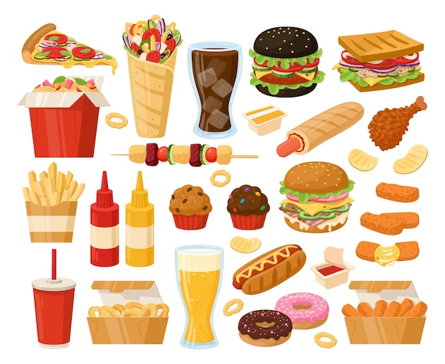 Vector cartoon junk fast food pizza shawarma hamburger and french fries flat vector illustration collection