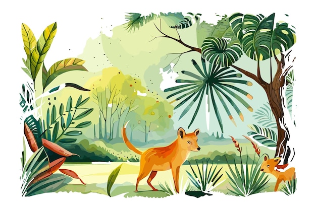 A cartoon of a kangaroo in a jungle with a green background and a red dog in the foreground.