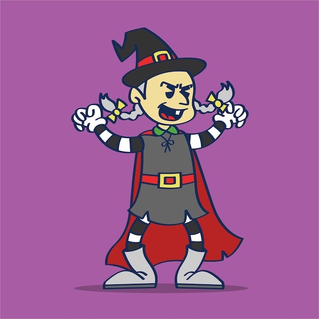 Vector cartoon karakter halloween kleine heks scarify hand tekenen vectorillustratie vintage stijl