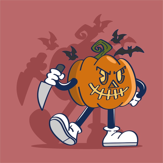 Vector cartoon karakter halloween pompoen akimbo met mes tekening vectorillustratie vintage stijl