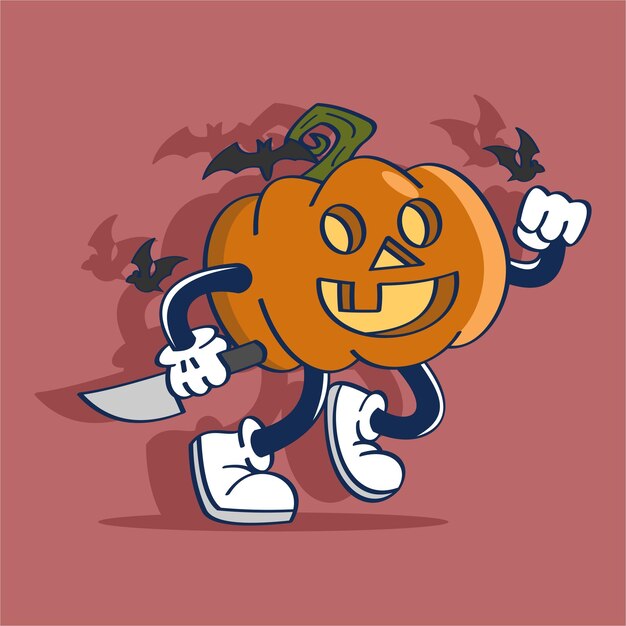 Cartoon karakter Halloween pompoen met mes tekening vectorillustratie Vintage stijl