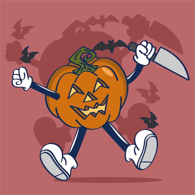 Cartoon karakter Halloween Spooky pompoen met mes tekening vectorillustratie Vintage stijl