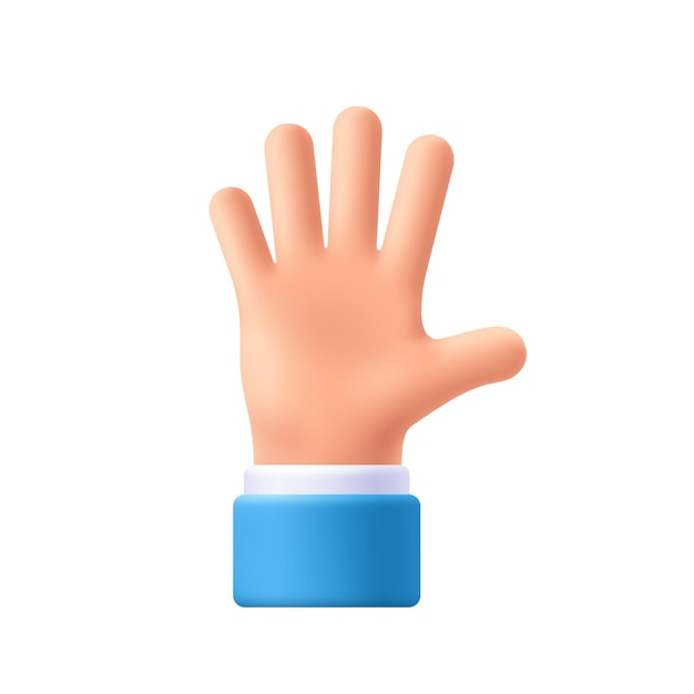 Cartoon karakter hand goodwill gebaar. Open uitgestrekte hand, met vijf vingers, uitgestrekt in begroeting. 3D-emoji vectorillustratie.