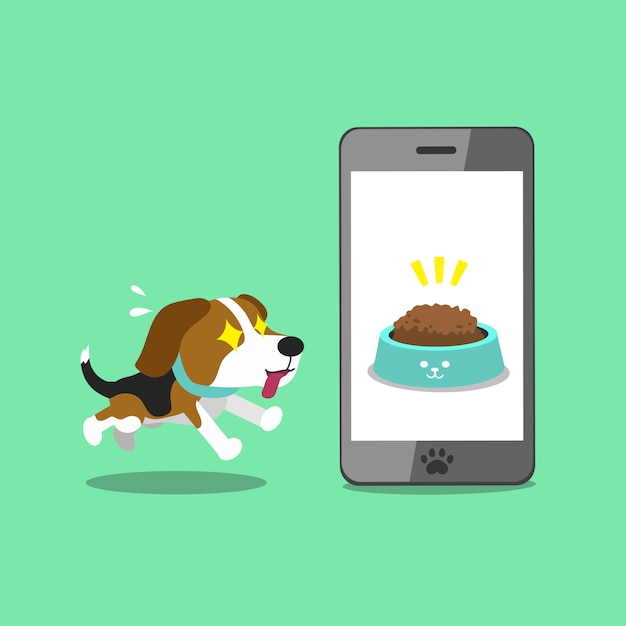 Cartoon karakter schattige beagle en smartphone