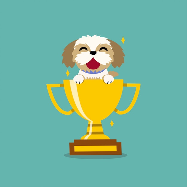 Cartoon karakter shih tzu hond met gouden trofee cup award