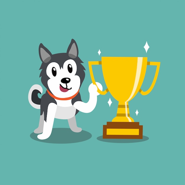 Cartoon karakter Siberische husky hond met gouden trofee cup award