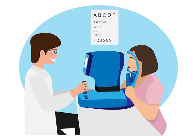 Cartoon karakter vrouw die een oogonderzoek doet met een oogarts om het gezichtsvermogen te testen Het concept van het meten van de bril van een patiënt Vlakke stijl cartoon illustratie vector