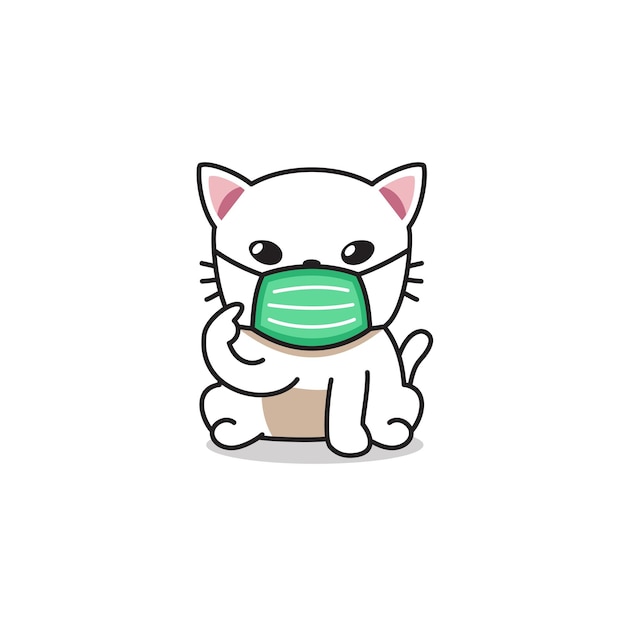 Cartoon karakter witte kat dragen van beschermend gezichtsmasker voor design.