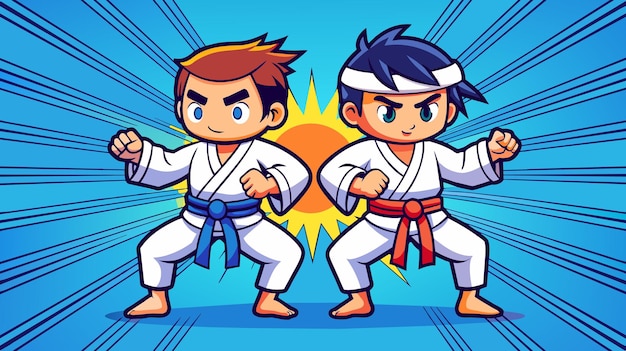 Vettore cartoon karate kids in un'amichevole partita di sparring