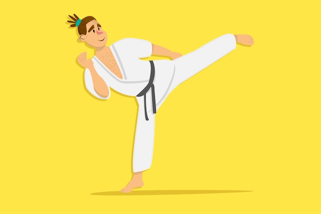 Vector cartoon karate man wearing kimono training