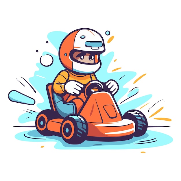 Cartoon kart chauffeur in helm rijden op een raceauto