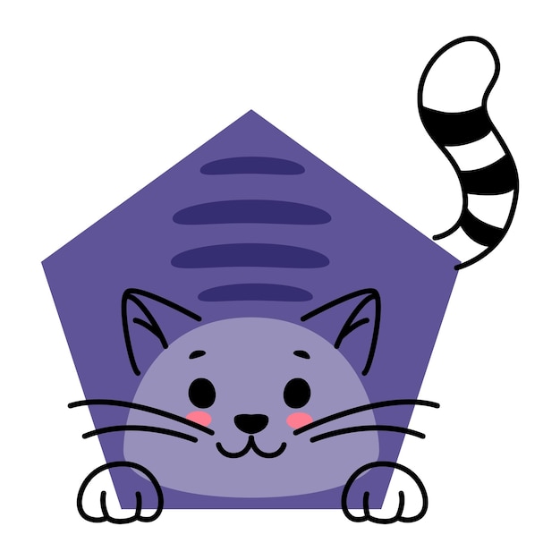 Cartoon kat dier personage met wiskunde vorm School kind onderwijs basis pentagon vorm kleuterschool kind leren geometrische vector figuur van grappige violet kat of kitten huisdier personage