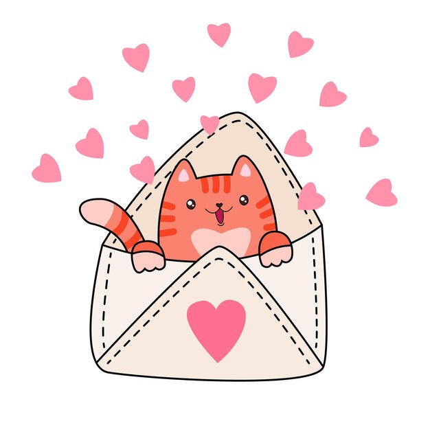 Cartoon kat in envelop kat liefde valentijnsdag liefdesbrief envelop met roze hartjes voorraad