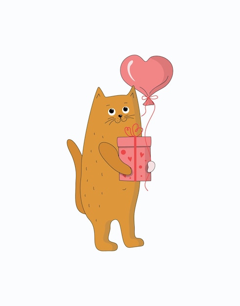 Cartoon kat met een geschenkdoos en een hartvormige ballon Leuk icoon van een kitten met een cadeau in een vakantiepakket