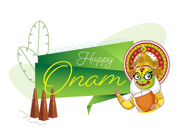 Vector cartoon kathakali dancer drinking coconut water with showing happy onam ribbon, line art banana leaves and thrikkakara appan idol on white background.