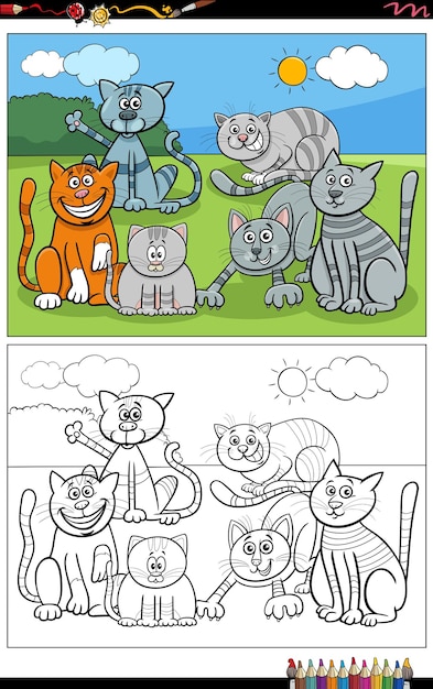 Vector cartoon katten en kittens dierlijke karakters kleurplaat