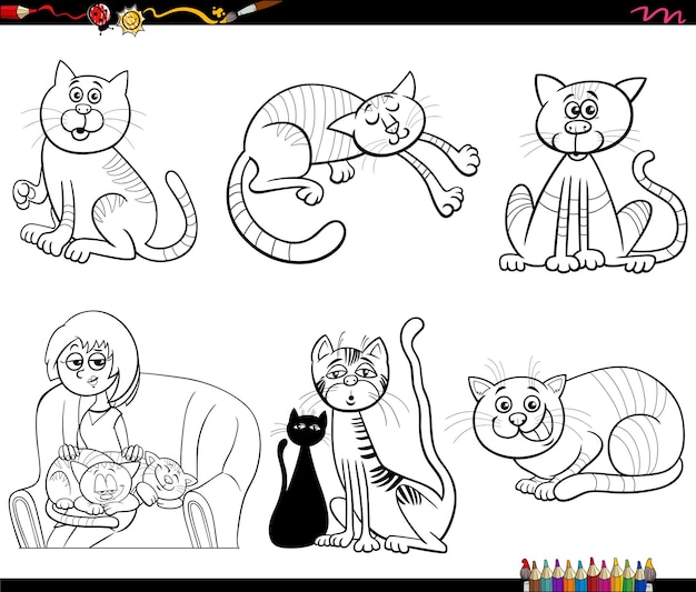 Cartoon katten en kittens stripfiguren instellen kleurplaat