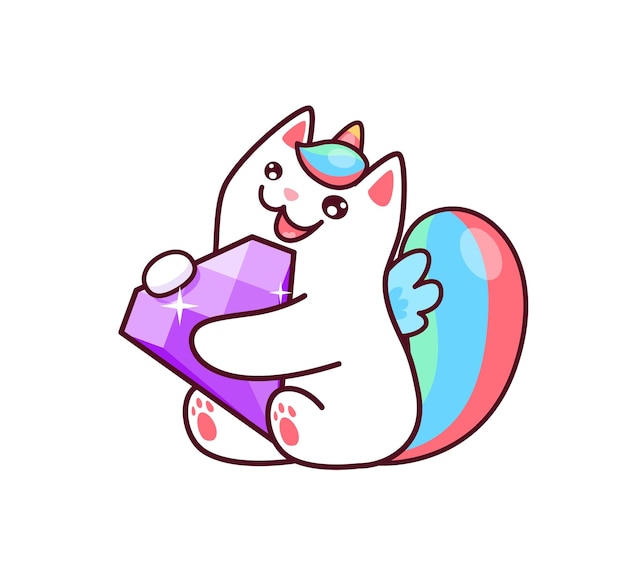 Cartoon kawaii caticorn with diamond cute unicorn