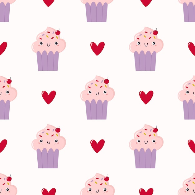 Vettore cartoon kawaii cupcakes e cuori vector pastello motivo senza giunture sfondo con dessert carino