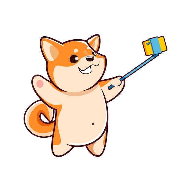 Vettore cartoon kawaii carino animale domestico shiba inu cane e cucciolo personaggio scatta un selfie cucciolo vettoriale isolato agitando la zampa e agitando la coda catturando un momento giocoso pieno di fascino peloso e espressione deliziosa