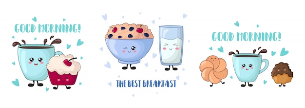 Cartoon kawaii eten - kersencake, pap, melk, koekjes