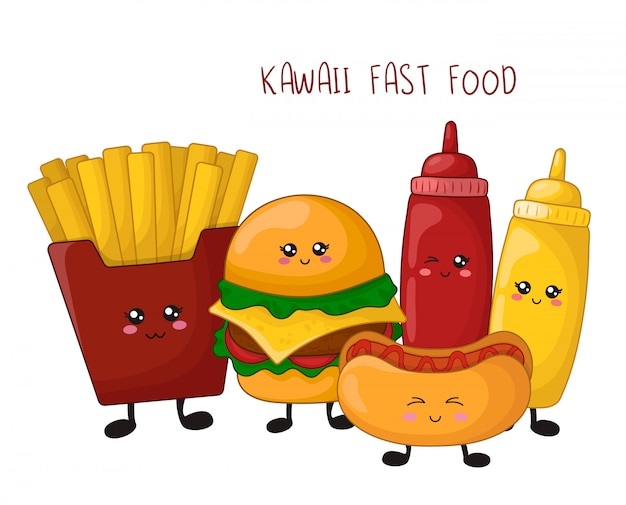 Cartoon fast food kawaii - hamburger, patatine fritte, hot dog