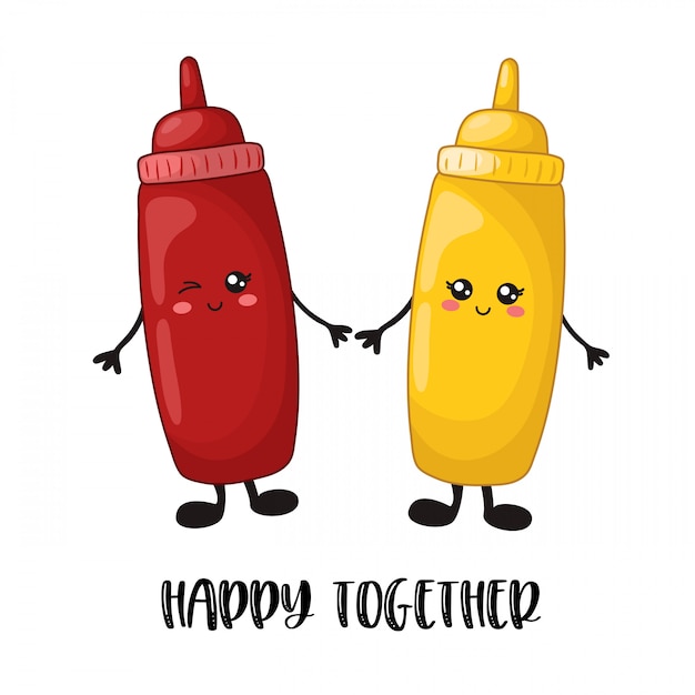 Vector cartoon kawaii food - sfast food, ketchup, mustard