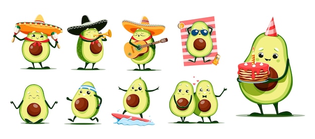 Vector cartoon kawaii mexicaanse avocado grappige personages