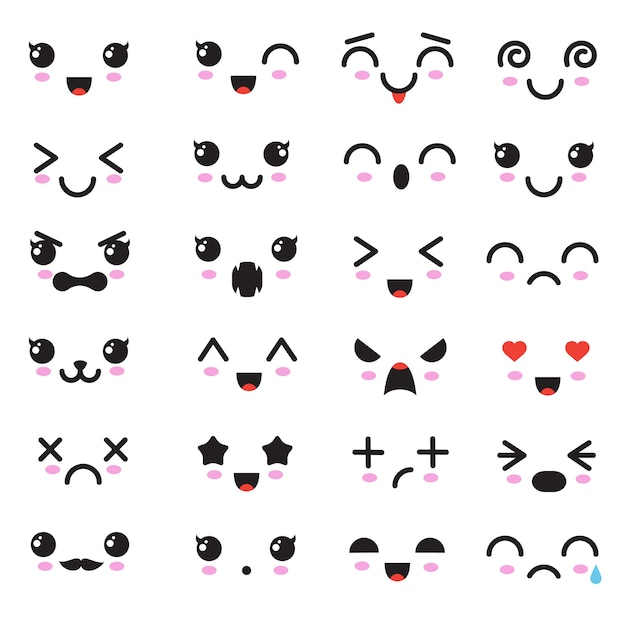 Cartoon kawaii ogen en monden. leuke emoticonemojikarakters in japanse stijl