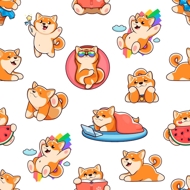 Cartoon kawaii Shiba Inu dog characters seamless pattern Fabric print wallpaper vector seamless background with funny Shiba Inu puppy personage reading book eating watermelon sliding on rainbow