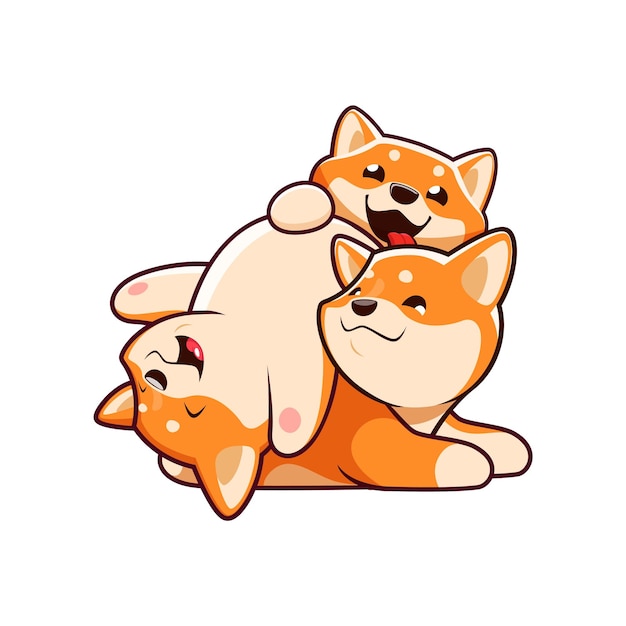 Cartoon kawaii Shiba Inu dog playful puppies characters Comical Shiba Inu dogs personages adorable Japanese puppies playing and fooling around together vector characters Funny animal pet mascots