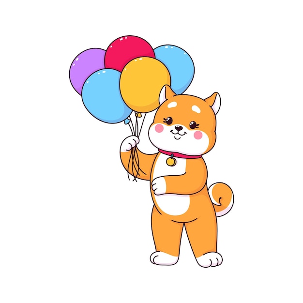 Мультфильм kawaii shiba inu собака и щенок симпатичный питомец, держащий яркие воздушные шары, излучающие радость и игривость Изолированный вектор смешной собачий персонаж с игривым и трогательным присутствием