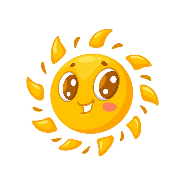 Cartoon kawaii sun character with smile on funny face emoji or emoticon vector icon Cute morning sun with yellow shine rays smiling for baby or kids comic sunny cheerful sunshine emoji