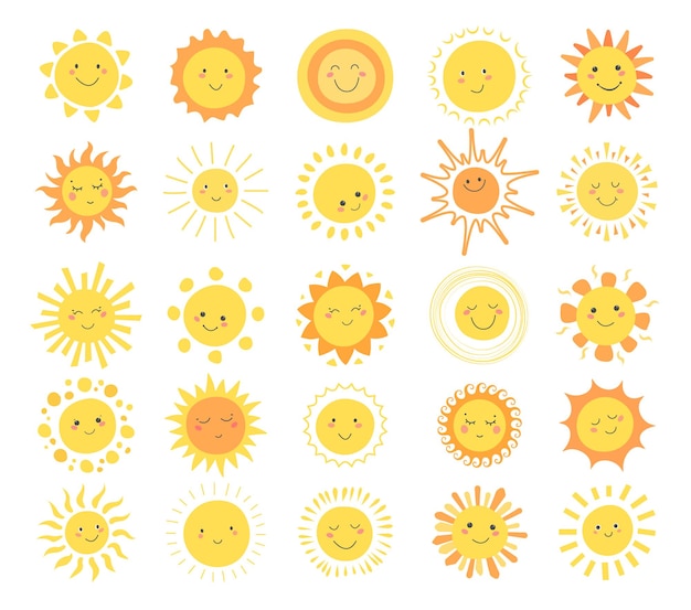 Vector cartoon kawaii sun set cute shining sun emoji elements icons childish emoticon with smiling faces