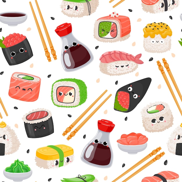 Cartoon kawaii sushi emoji character seamless pattern. cute japanese food, rice roll with salmon, onigiri, soy sauce. sashimi vector texture. asian traditional cuisine with chopsticks