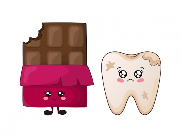 Cartoon kawaii tooth and chocolate cute character